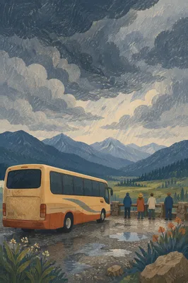Tour Bus at Mountain Scenic Overlook