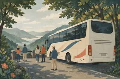 White Tour Bus at Mountain Overlook