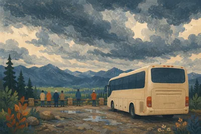 Tour Bus at Mountain Scenic Overlook