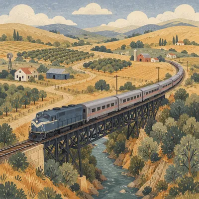 Passenger Train Crossing Rural River Bridge