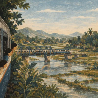 Passenger Train Crossing Rural River Bridge