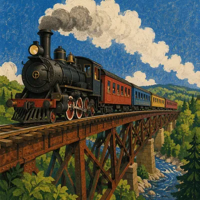 Vintage Steam Train Over River Bridge