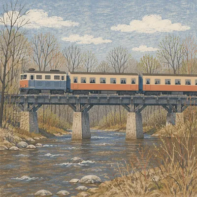 Regional Train Crossing Rural River Bridge