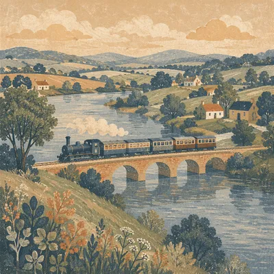 Vintage Train Crossing River Countryside Bridge