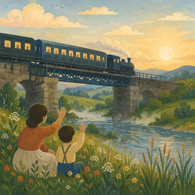 Morning Train Crossing Rural River Bridge