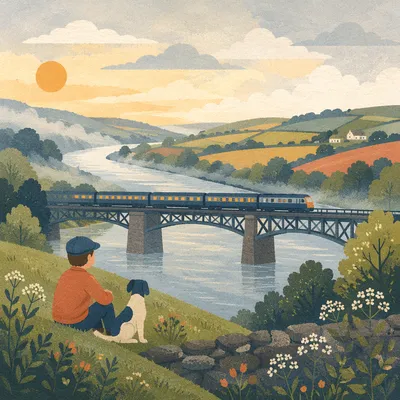 Peaceful Train Crossing River Bridge at Dawn