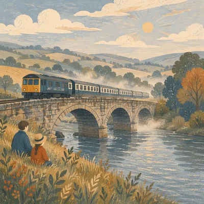 Regional Train Crossing River Bridge at Dawn