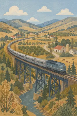 Passenger Train Crossing Rural River Bridge