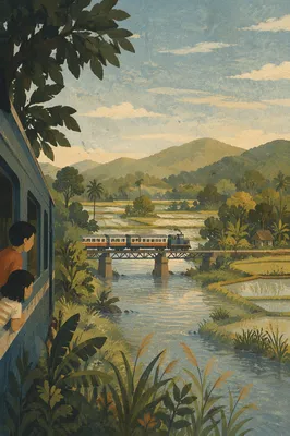 Passenger Train Crossing Rural River Bridge