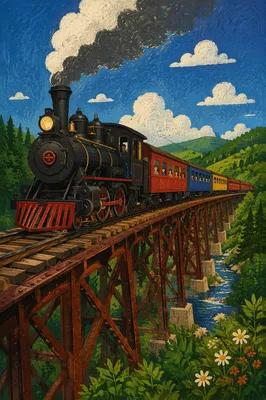 Vintage Steam Train Over River Bridge