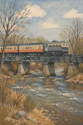 Regional Train Crossing Rustic River Bridge