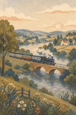 Vintage Train Crossing River Bridge Countryside