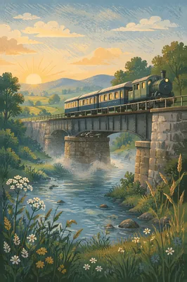Sunrise Train Crossing Countryside River Bridge