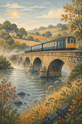 Regional Train Crossing Stone Bridge at Dawn