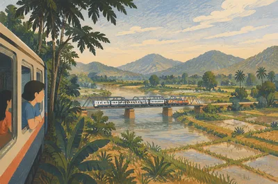 Passenger Train Crossing Rural River Bridge