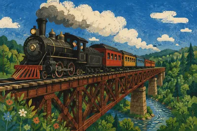 Vintage Steam Train Crossing River Bridge