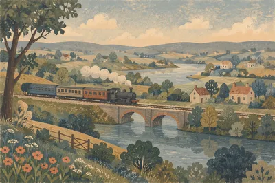 Vintage Train Crossing Countryside River Bridge