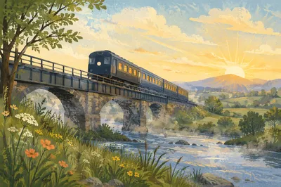 Morning Train Crossing Countryside River Bridge