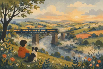 Morning Train Crossing River Bridge