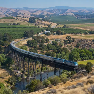 Passenger Train Crossing Rural River Bridge