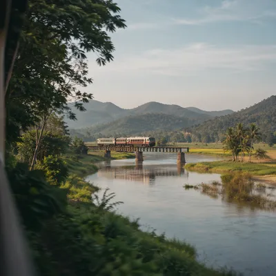 Passenger Train Crossing Rural River Bridge