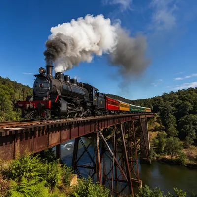 Vintage Steam Train Crossing River Bridge