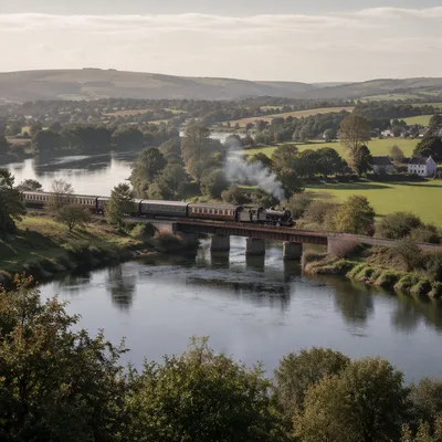 Vintage Train Crossing River Bridge Countryside