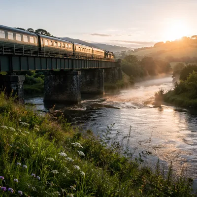 Morning Train Crossing Countryside River Bridge