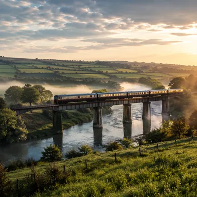 Morning Train Crossing Countryside River Bridge