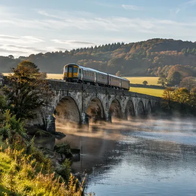 Regional Train Crossing Stone Bridge at Dawn