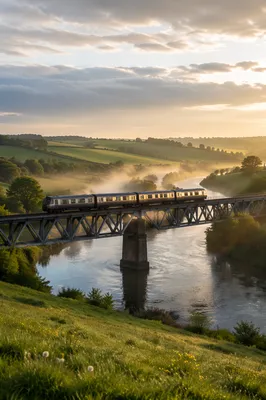 Morning Train Crossing River Bridge