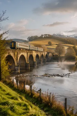 Regional Train Crossing Stone Bridge at Dawn