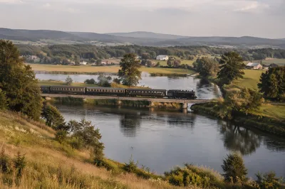 Vintage Train Crossing River Bridge Countryside