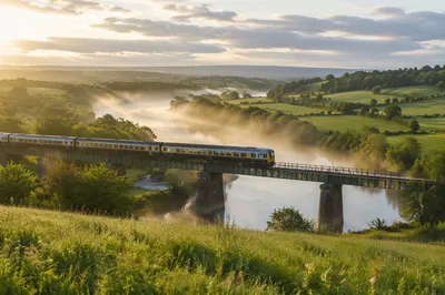 Morning Train Crossing River Bridge Countryside