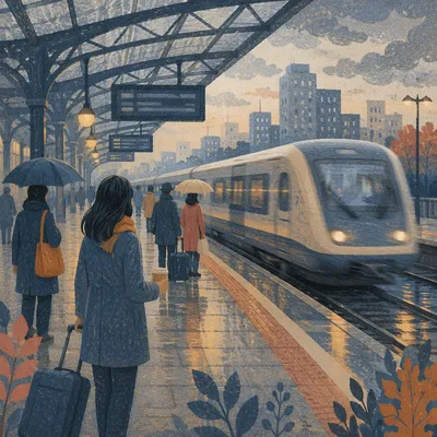 Rainy Dawn Train Platform Commuters