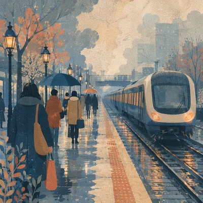 Blue Hour City Train Platform Commuters