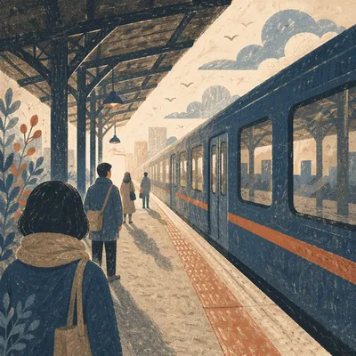 Quiet Morning Commuters on Urban Train Platform