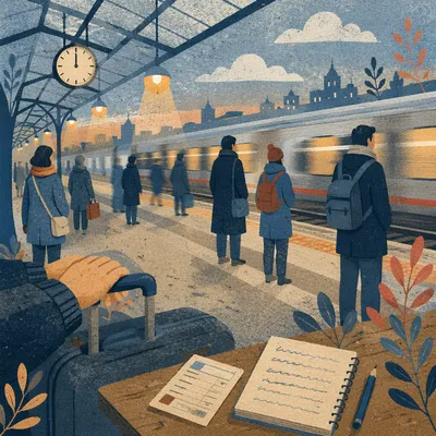 Quiet Dawn Commuters on City Train Platform