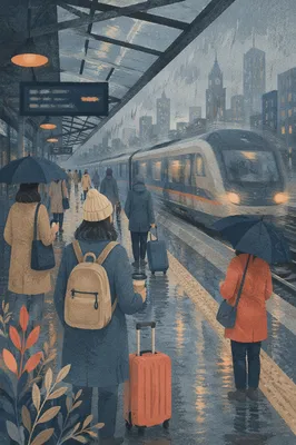 Rainy Dawn Commuters at City Platform