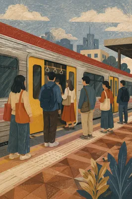 City Commuters Boarding a Yellow Train