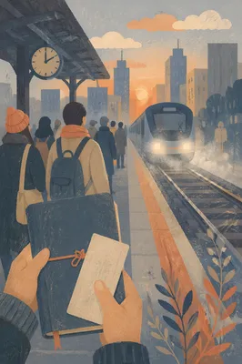 Misty Dawn Commuters on City Train Platform