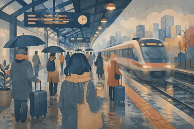 Rainy Dawn Train Platform Commuter Scene