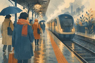 Blue Hour Commuters at City Train Platform