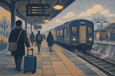 Blue Hour Commuters at City Train Platform