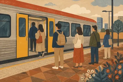 City Commuters Boarding Yellow Platform Train