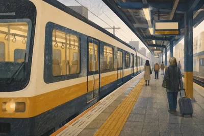 Morning Commuter Train at City Platform