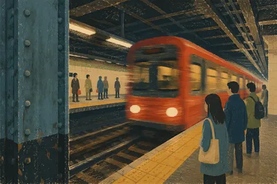 Night Commuter Train Platform in City