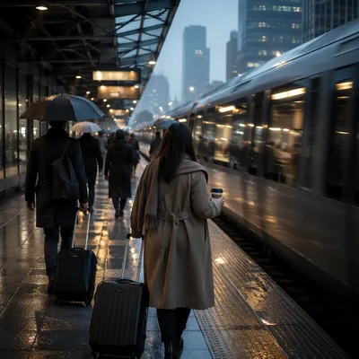 Rainy Dawn Commuters at City Platform