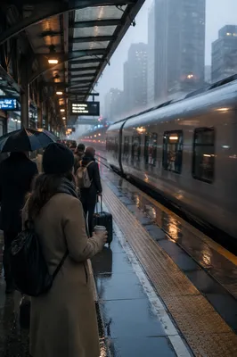 Rainy Dawn Commuters at City Platform