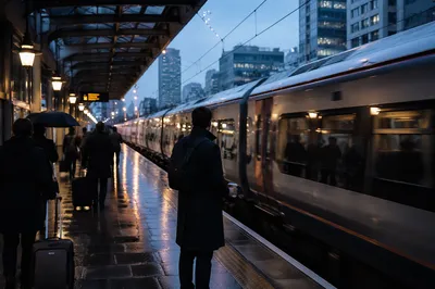 Rainy Dawn Commuters at City Platform